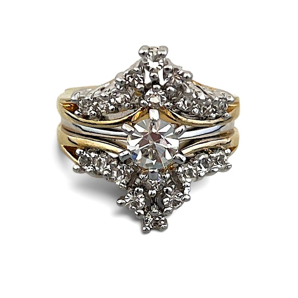 Vintage 1970s Wedding Ring Set Size 7 CZ Bridal Cluster Gold Plated Band - 14R